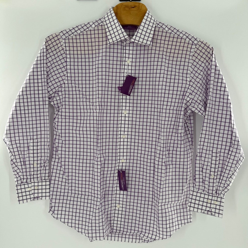 Lorenzo Uomo Mens Trim Fit Dress Shirt 17 34/35 Purple White Check Cotton NEW